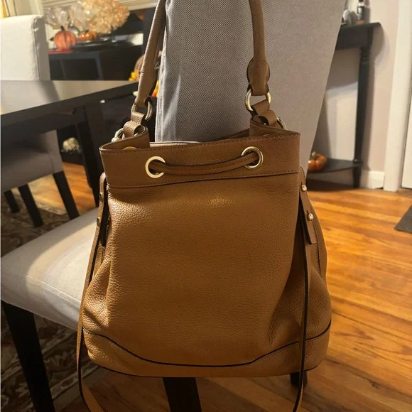 MILLY Astor Leather Drawstring Bucket Handbag Caramel Crossbody Shoulder Bag - Picture 3 of 11